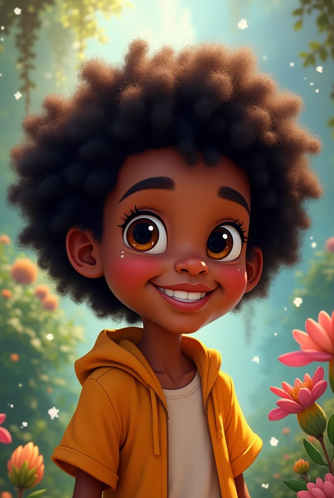 create a Disney style character, The features are: a black boy with long curly hair