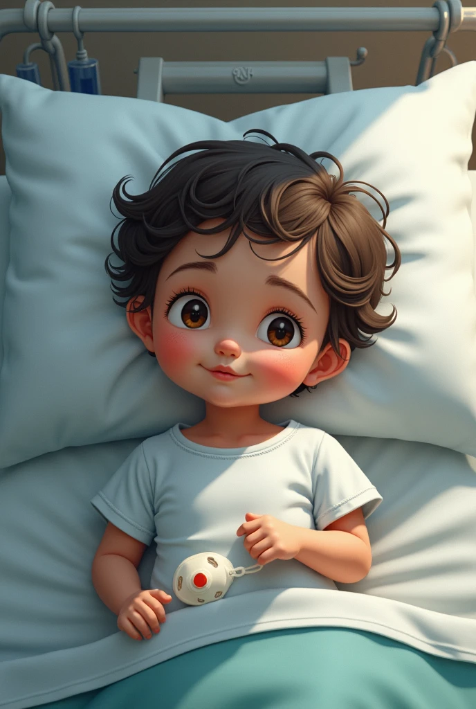 A little boy with brown hair and big eyes was inside the bed --auto