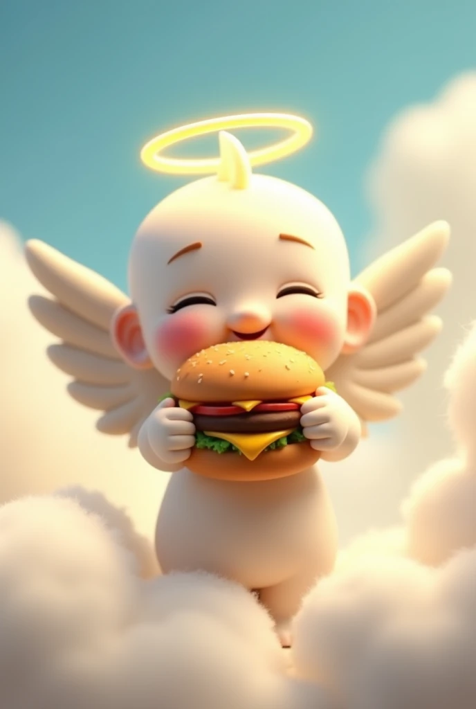 An animated angel eating a hamburger