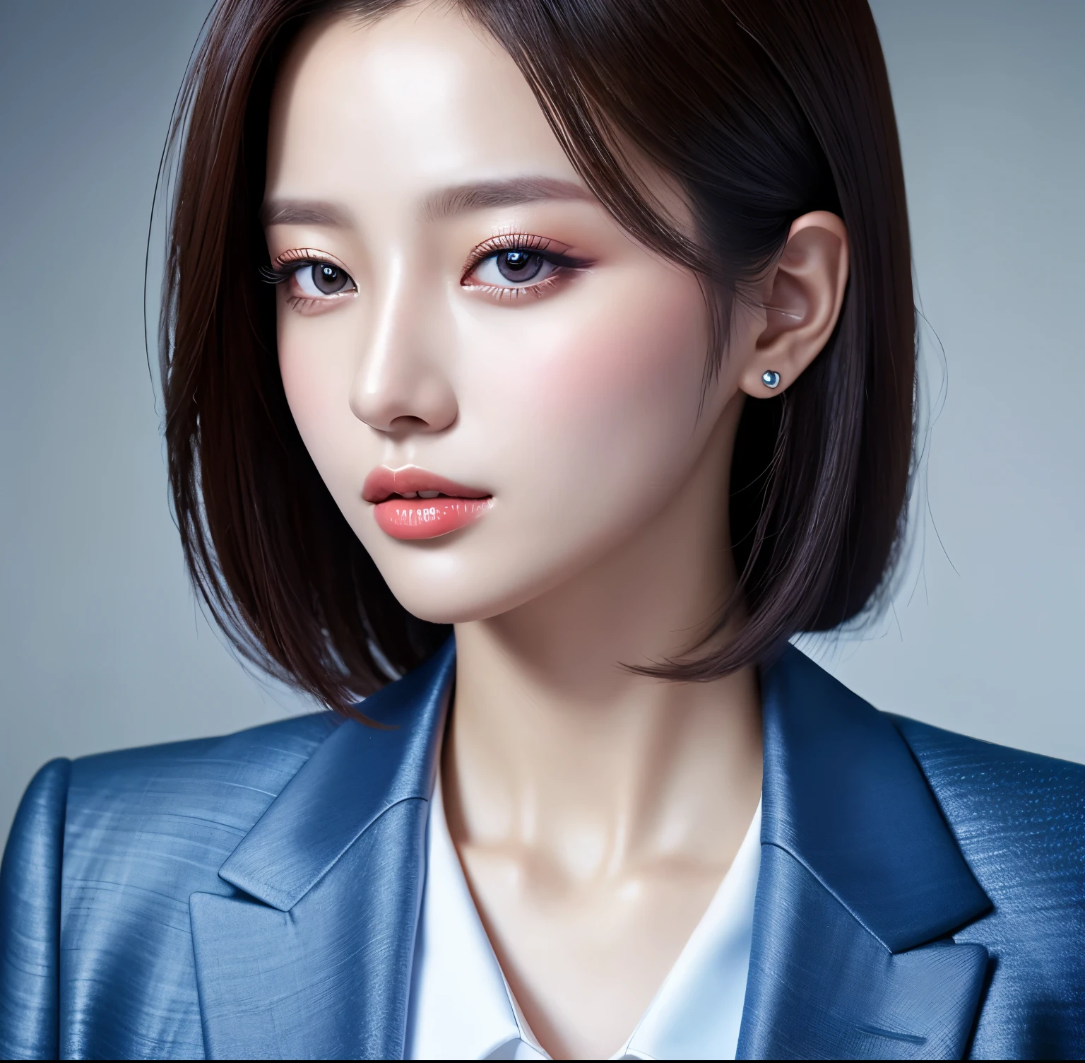 Close up portrait of woman in blue suit and white shirt, Elegant digital art, High-quality portraits, Shiny digital painting, Digital Art Images, Beautiful digital art, Elegant digital painting, Portraits of Korean female idols, Beautiful digital painting, Realistic cute girl drawing, high quality digital painting, TWICE&#39;s Tzuyu, Professional Profile Photo, Korean Girls