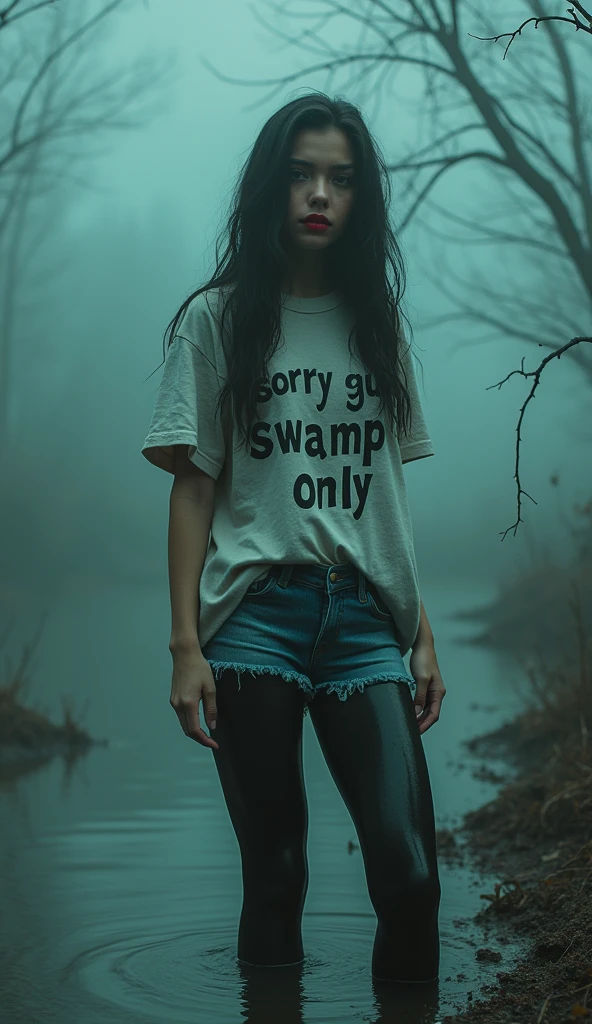 girl in (fetishistic ethnic pattern black shiny rubber stockings:1.2) and denim cut-offs and washed t-shirt with "sorry guys, swamp only" label,  stuck in bog, red fog, blue green fog, red lips, posing, sexy