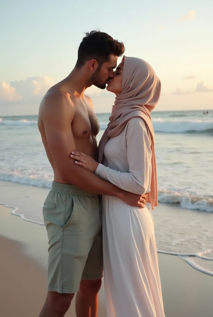 hijab, No bra, Barefoot woman kissing her boyfriend on the beach