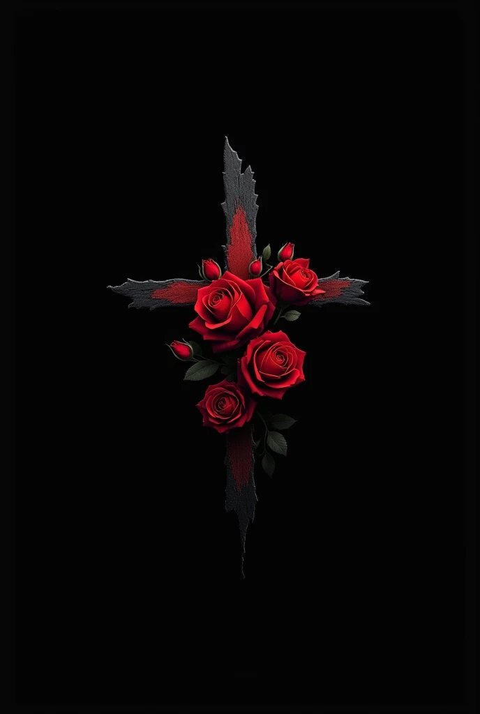 A black background, with a cross shaped crack with red roses coming out of the middle in a minimalist logo style