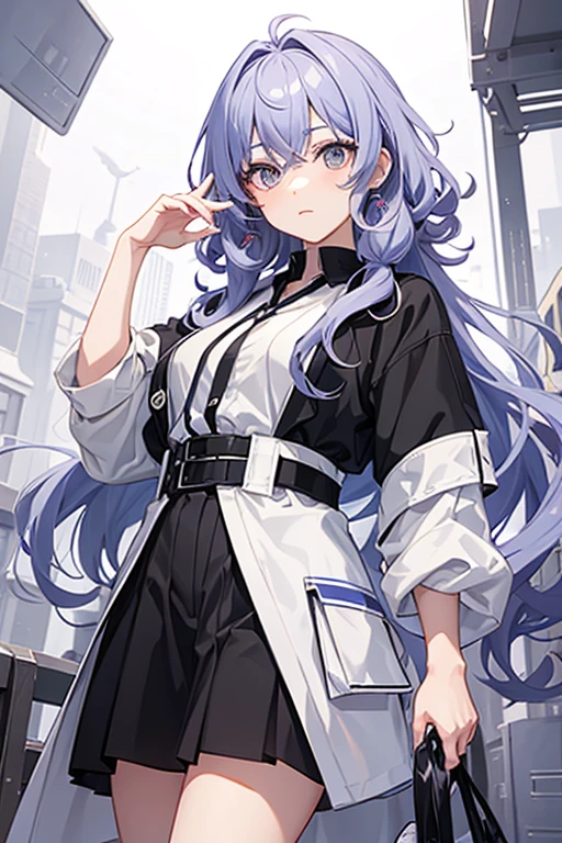 Create a non-binary person, anime style, with curly hair, Monochromatic eyes and clothes of an inventor or mechanic, be serious