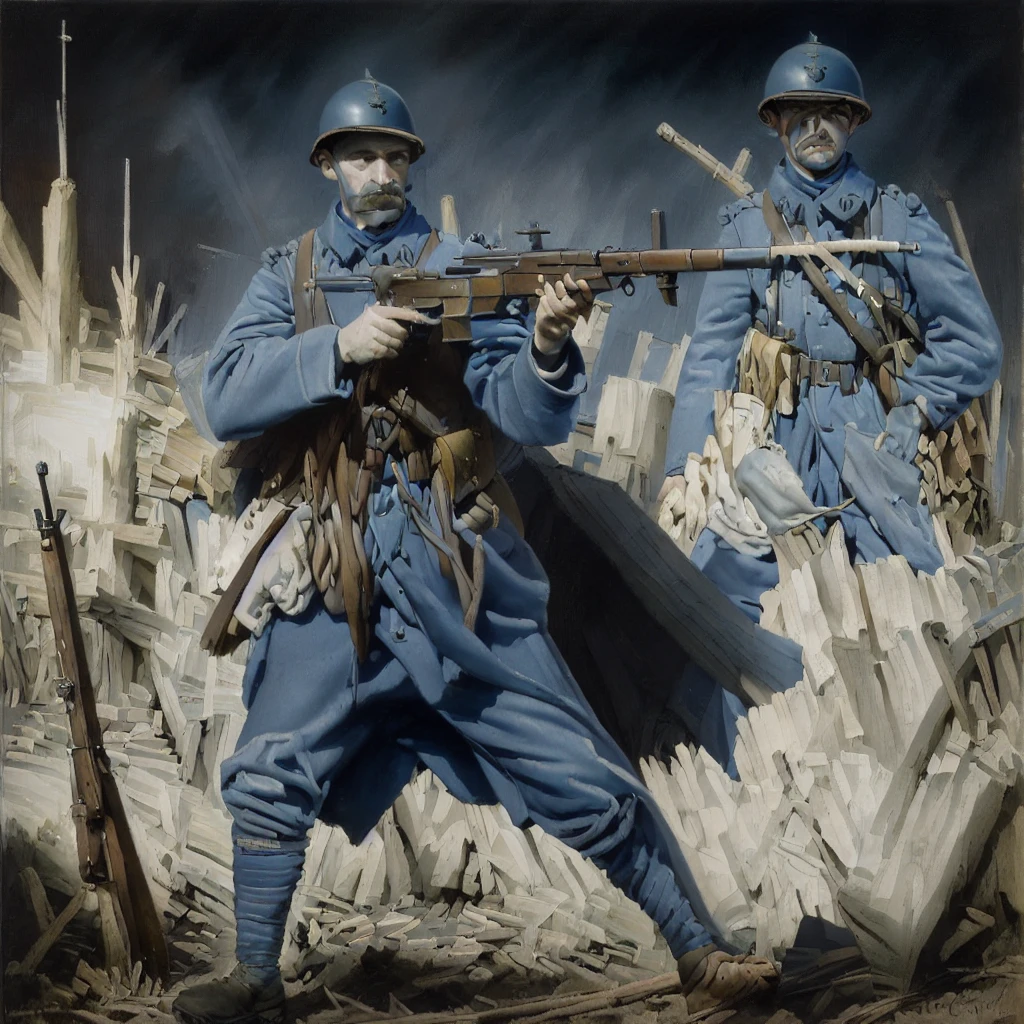 painting of a soldier with a gun in a trenched area, fight ww 1, military art, ww1, ww 1, infantry, on the battlefield, wwi, by Ludwik Konarzewski, world war one, world war 1, by László Balogh, on a battlefield, angel of verdun, soldier under heavy fire