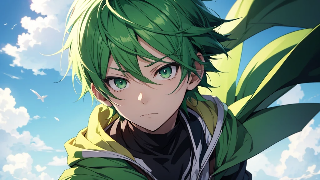 Anime boy with short green hair and green eyes not smiling, Anime sky, zoom out