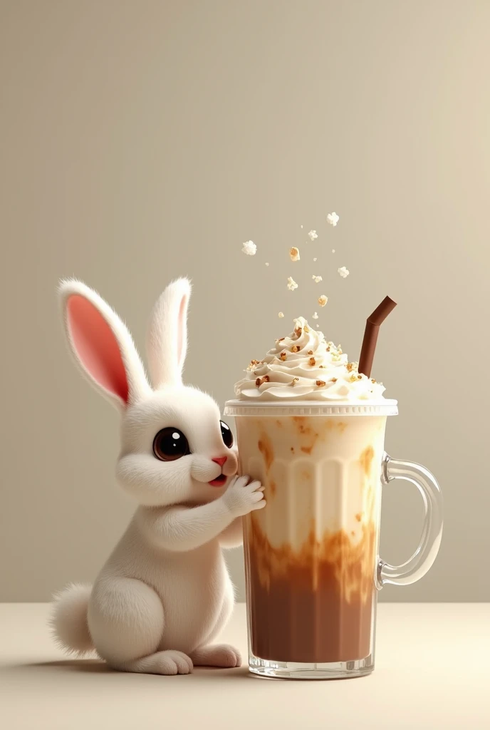 Rabbit with a frozen coffee on the table.