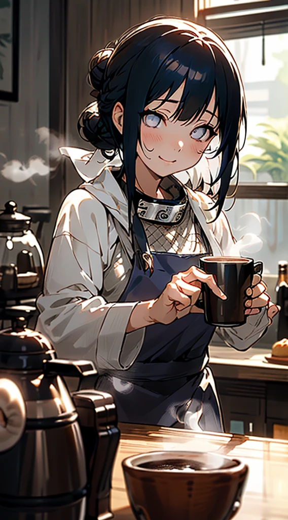 (tabletop), best qualityer,  Girl like Hinata Hyuga working in a coffee shop, She is making coffee in a machine, Coffee preparation, face perfect, expressive eyes, brown apron, cafe inside, Short hairstyle with silver hair and bob, blue-black hair tied in a bun with a clip, Pearly eyes, Beautiful girl, cozily, (rainy morning), realisitic, 4K, Convoluto, detailded, flowers in a vase, cozily lights, perfect lighting, traced light, warm colours, Cadeiras de tabletop, Daily life, moderno, chic, (Relax the vibration), peaceful, aromatic,glad,happiness, (White hair), white  shirt, barista, soft, brown hair band, humble,dainty, nice, natta, sharp contrast, bright coloured, bokeh, (The perfect coffee machine), estado, (soft), sheen, sheening eyes

Break she's making coffee, Há uma tabletop com xícaras à esquerda, Há uma máquina de café na tabletop, Steam is coming out of the glass, Delicious Coffee
, Moustache,