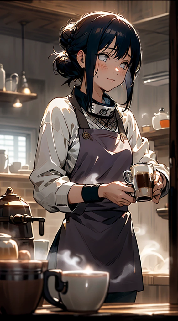 (tabletop), best qualityer, Girl like Hinata Hyuga working in a coffee shop, She is making coffee in a machine, Coffee preparation, face perfect, expressive eyes, brown apron, cafe inside, Short hairstyle with silver hair and bob, blue-black hair tied in a bun with a clip, Pearly eyes, Beautiful girl, cozily, (rainy morning), realisitic, 4K, Convoluto, detailded, flowers in a vase, cozily lights, perfect lighting, traced light, warm colours, Cadeiras de tabletop, Daily life, moderno, chic, (Relax the vibration), peaceful, aromatic,glad,happiness, (White hair), white shirt, barista, soft, brown hair band, humble,dainty, nice, natta, sharp contrast, bright coloured, bokeh, (The perfect coffee machine), estado, (soft), sheen, sheening eyes
Break she's making coffee, Há uma tabletop com xícaras à esquerda, Há uma máquina de café na tabletop, Steam is coming out of the glass, Delicious Coffee
, Moustache,