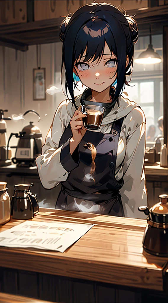 (tabletop), best qualityer, Girl like Hinata Hyuga working in a coffee shop, She is making coffee in a machine, Coffee preparation, face perfect, expressive eyes, brown apron, cafe inside, Short hairstyle with silver hair and bob, blue-black hair tied in a bun with a clip, Pearly eyes, Beautiful girl, cozily, (rainy morning), realisitic, 4K, Convoluto, detailded, flowers in a vase, cozily lights, perfect lighting, traced light, warm colours, Cadeiras de tabletop, Daily life, moderno, chic, (Relax the vibration), peaceful, aromatic,glad,happiness, (White hair), white shirt, barista, soft, brown hair band, humble,dainty, nice, natta, sharp contrast, bright coloured, bokeh, (The perfect coffee machine), estado, (soft), sheen, sheening eyes
Break she's making coffee, Há uma tabletop com xícaras à esquerda, Há uma máquina de café na tabletop, Steam is coming out of the glass, Delicious Coffee
, Moustache,