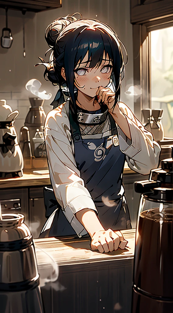 (tabletop), best qualityer, Girl like Hinata Hyuga working in a coffee shop, She is making coffee in a machine, Coffee preparation, face perfect, expressive eyes, brown apron, cafe inside, Short hairstyle with silver hair and bob, blue-black hair tied in a bun with a clip, Pearly eyes, Beautiful girl, cozily, (rainy morning), realisitic, 4K, Convoluto, detailded, flowers in a vase, cozily lights, perfect lighting, traced light, warm colours, Cadeiras de tabletop, Daily life, moderno, chic, (Relax the vibration), peaceful, aromatic,glad,happiness, (White hair), white shirt, barista, soft, brown hair band, humble,dainty, nice, natta, sharp contrast, bright coloured, bokeh, (The perfect coffee machine), estado, (soft), sheen, sheening eyes
Break she's making coffee, Há uma tabletop com xícaras à esquerda, Há uma máquina de café na tabletop, Steam is coming out of the glass, Delicious Coffee
, Moustache,