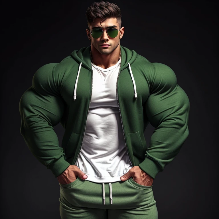 gay, style, muscle, bodybuilder, a very handsome young man, sunglasses, wearing a green sweatshirt with a white shirt underneath, exaggeratedly muscular, exaggeratedly muscles, with his hands in his pockets, on a black background