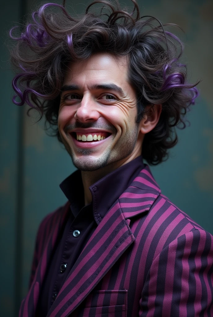 a mysterious and enigmatic man, with a wide and permanent smile, always ready to drop a sentence full of double meaning or disconcerting wisdom. He would have messy hair and maybe even a little frizzy., reflecting its unpredictable nature. His eyes would be bright and cunning, of a tone that seems to change depending on the light, capturing the essence of their whimsical character and always one step ahead of others.He would dress eccentrically, with clothes that mix elegance with a touch of chaos – perhaps a striped suit in shades of purple and lilac,
