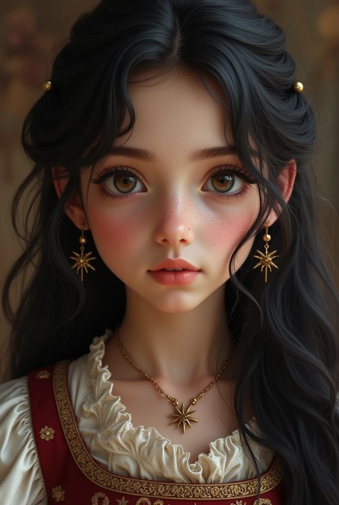 black haired girl , Brown eyes, star earrings, medieval noble dress
 