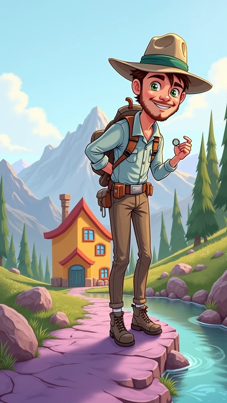 Best Quality,8k,High resolution,masterpiece:1.2),cartoon style,full body portrait,adventurous man on a mountain,50 years,for the chestnut,green eyes ,adventurer hat,Mountain Clothing,,beautifully drawn facial features,detailed expression,Confident smile,holding a compass,Standing in a strange house of vibrant colors,soft shadows,reminiscent of a classic adventure cartoon,Stylized brushstrokes,expressive lines,subtle textures,illuminated by the warm light of the setting sun,adding depth and atmosphere,Create a sense of excitement and anticipation for the upcoming trip..."