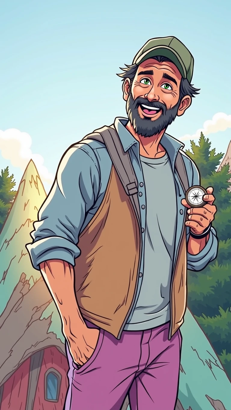 Best Quality,8k,High resolution,masterpiece:1.2),cartoon style,full body portrait,adventurous man on a mountain,50 years,for the chestnut,green eyes ,adventurer hat,Mountain Clothing,,beautifully drawn facial features,detailed expression,Confident smile,holding a compass,Standing in a strange house of vibrant colors,soft shadows,reminiscent of a classic adventure cartoon,Stylized brushstrokes,expressive lines,subtle textures,illuminated by the warm light of the setting sun,adding depth and atmosphere,Create a sense of excitement and anticipation for the upcoming trip..."