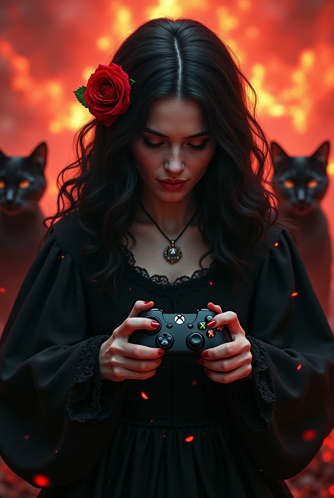 woman 40 years old with wavy black hair, a Red Rose in hair, black medieval dress, with an XBox joystick in her hands playing in hell with Black cats
