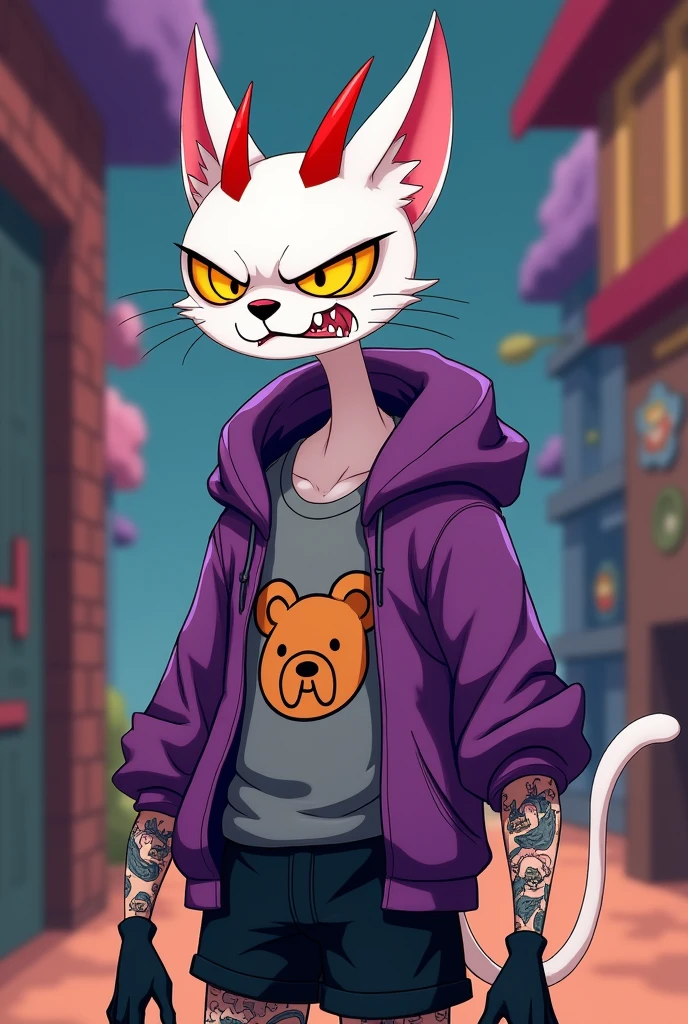 create a skinny male white humanoid cat, has two red horns on its forehead, wearing an open purple sweatshirt and a gray t-shirt, with teddy bear print, black gloves, a black shorts, light blue eyes with an angry expression, crazy face, he has some tattoos on his body, The art style should be Cartoon Adventure Time style