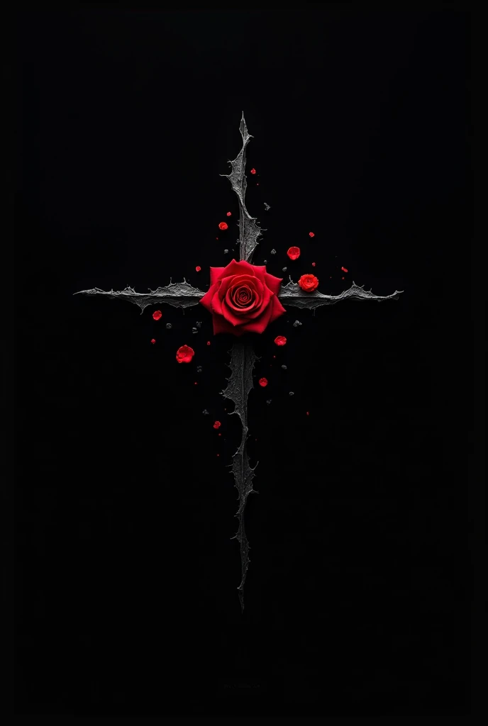 A black background, with a cross shaped crack with minimalist red roses coming out of the middle in a minimalist logo style
