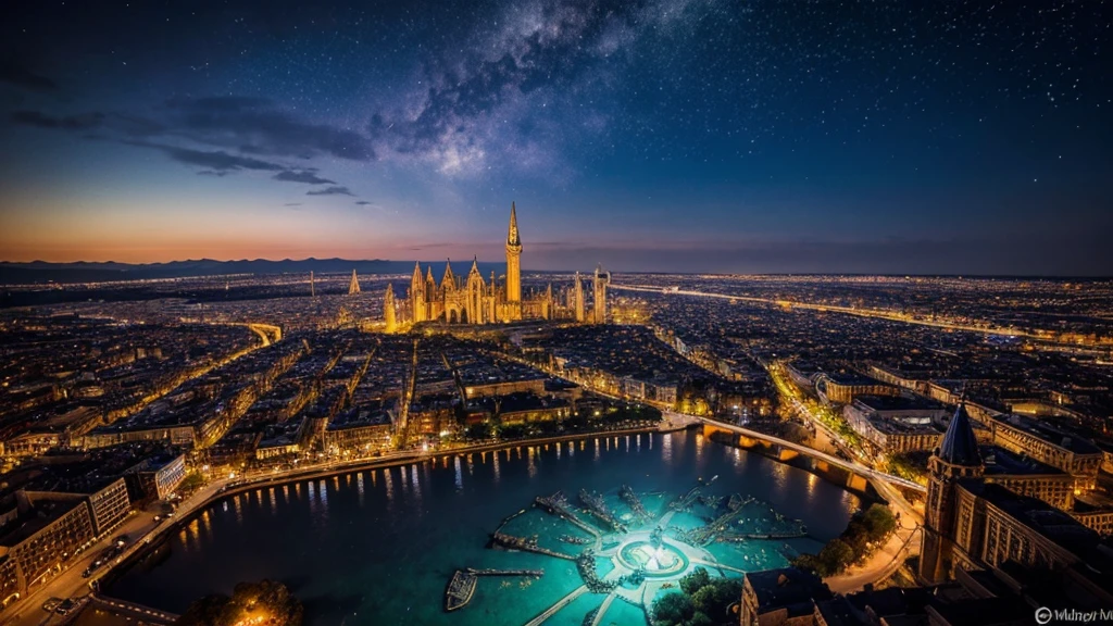 A top down perspective on a small medieval fantasy city renowned for its radiant beauty and magical prowess. a massive celestial fragment called the Heart of the Stars crashed nearby, casting the city into perpetual twilight. Now, a city of eerie beauty, with its gleaming towers and the fragments unstable magic causing reality to warp unpredictably. Key locations include the partially ruined Radiant Palace, the bustling Twilight Market, the collapsed Shimmering Tower, and the bioluminescent Celestial Gardens.
