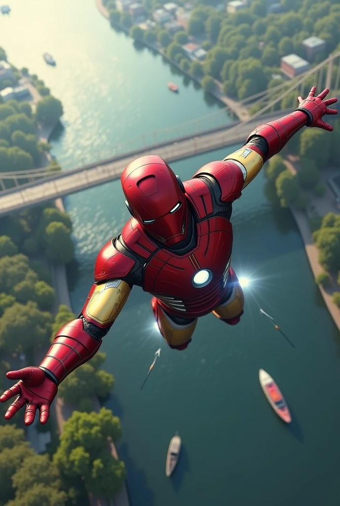 Flight scene'Iron man, above'a river, bridge image, boat in the background, character scene from afar