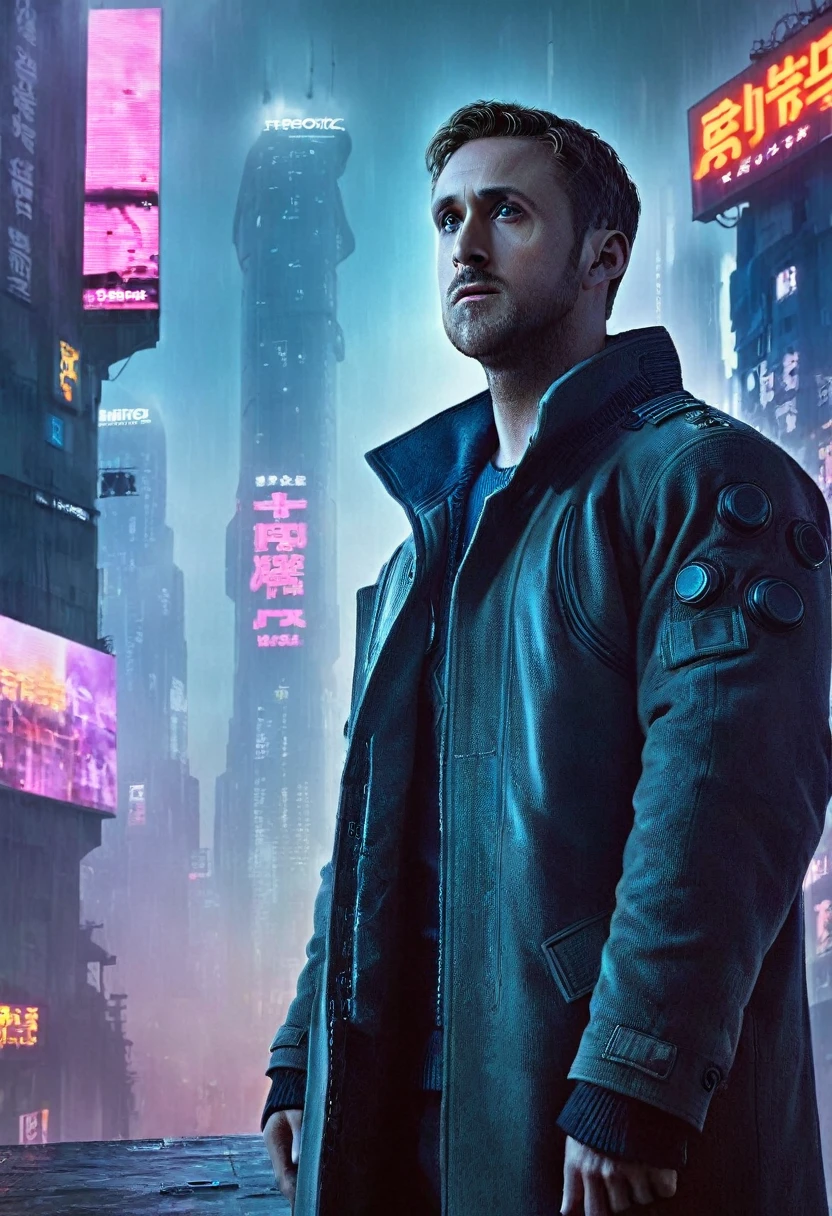 masterpiece, best quality, 1man, alone in the middle of city, background is a cyberpunk city, head looking up, there is a big billboard, cinematic lighting, conematic, the city is empty, foggy, wearing long coat, ryan gosling