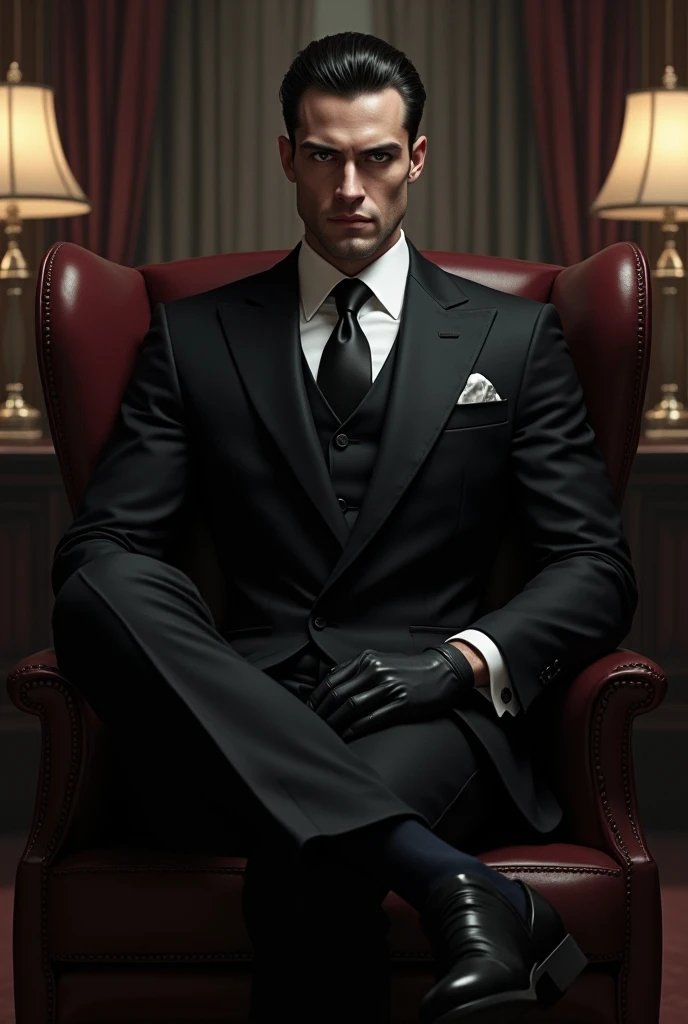 Now show me a very tall man with broad shoulders; wearing an all-black suit. He is sitting in a leather chair in an office with his arms open on the back. Her legs are crossed. Her hair is black and cut combed to the sides.. His perfectly defined jaw and silver-grey eyes. His hands are covered by black gloves.