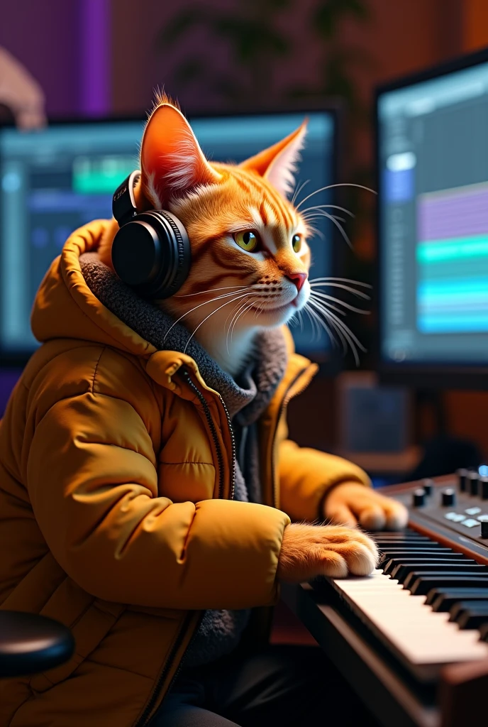 Humanoid orange cat playing a song in front of a professional akai 88 mpc midi keyboard ,put on headphones,He is wearing a warm jacket, This cat looks more like a person ..He is sitting in front of a screen where you can see that he is using Pro Tools as his favorite DAW.,He is an expert in producing music and playing the piano.... is a professional music producer 