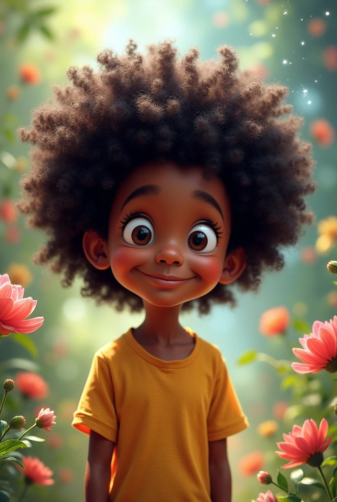 create a Disney style character, The features are: a black boy with long curly hair