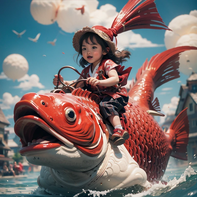 1girl,red fish,kid,Japanese clothing,masterpiece,best quality,ultra-detailed,riding,