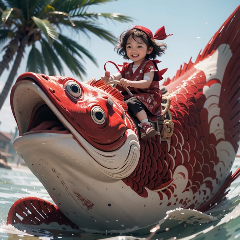 1girl,red fish,kid,Japanese clothing,masterpiece,best quality,ultra-detailed,riding,