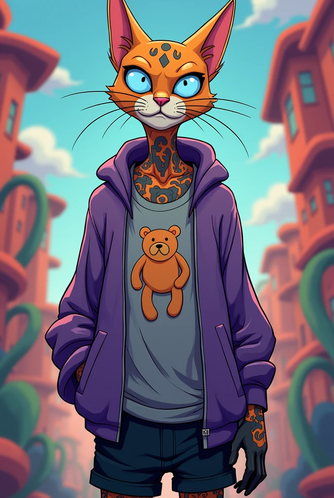 create a skinny male white humanoid cat, wearing an open purple sweatshirt and a gray t-shirt, with teddy bear print, black gloves, a black shorts, light blue eyes with an angry expression, crazy face, he has some tattoos on his body, The art style should be Cartoon Adventure Time style 