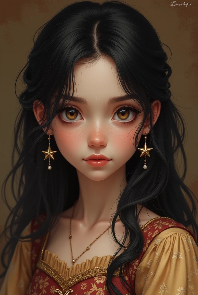 black haired girl , Brown eyes, star earrings, long sleeve dress , Russian