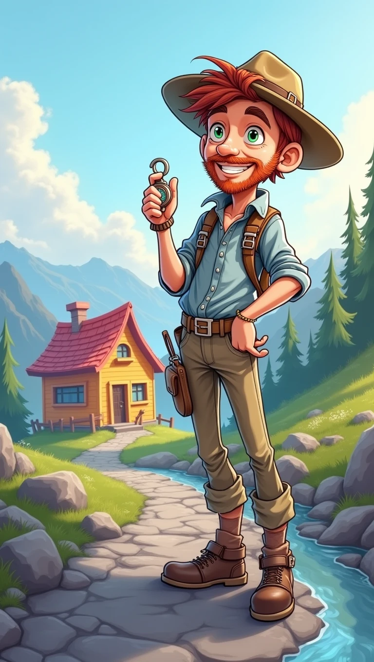 Best Quality,8k,High resolution,masterpiece:1.2),cartoon style,full body portrait,adventurous man on a mountain,50 years,for the chestnut,green eyes ,adventurer hat,Mountain Clothing,,beautifully drawn facial features,detailed expression,Confident smile,holding a compass,Standing in a strange house of vibrant colors,soft shadows,reminiscent of a classic adventure cartoon,Stylized brushstrokes,expressive lines,subtle textures,illuminated by the warm light of the setting sun,adding depth and atmosphere,Create a sense of excitement and anticipation for the upcoming trip..."