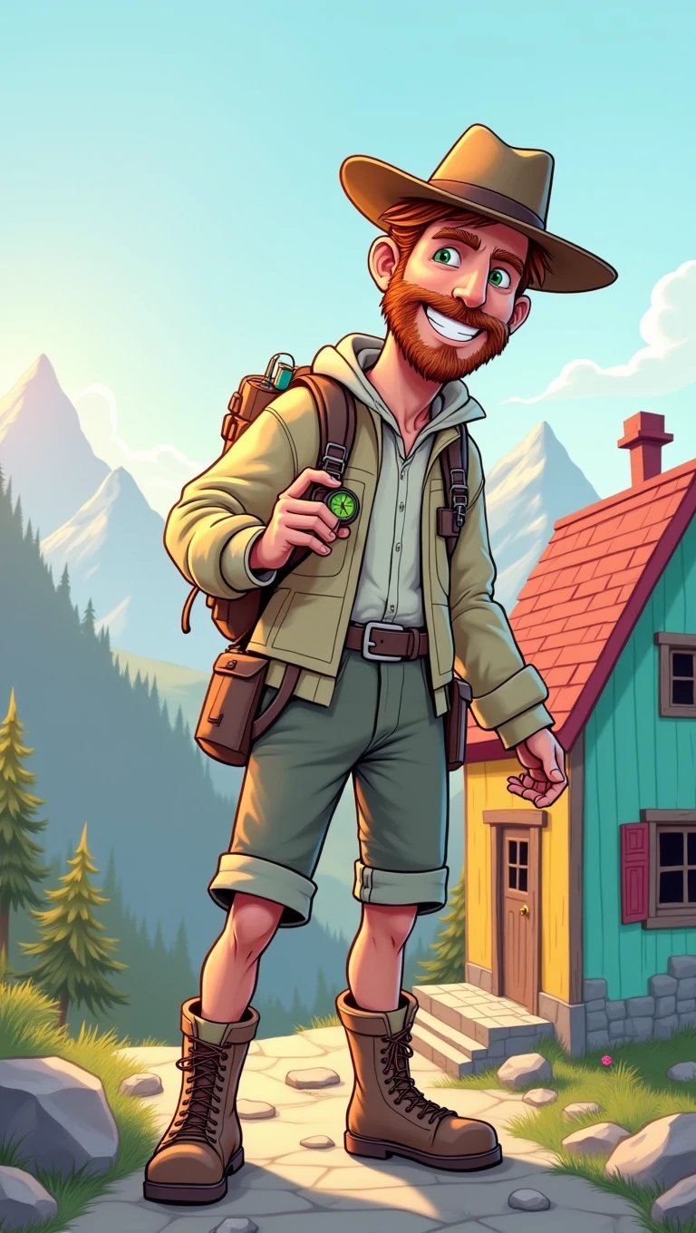 Best Quality,8k,High resolution,masterpiece:1.2),cartoon style,full body portrait,adventurous man on a mountain,50 years,for the chestnut,green eyes ,adventurer hat,Mountain Clothing,,beautifully drawn facial features,detailed expression,Confident smile,holding a compass,Standing in a strange house of vibrant colors,soft shadows,reminiscent of a classic adventure cartoon,Stylized brushstrokes,expressive lines,subtle textures,illuminated by the warm light of the setting sun,adding depth and atmosphere,Create a sense of excitement and anticipation for the upcoming trip..."