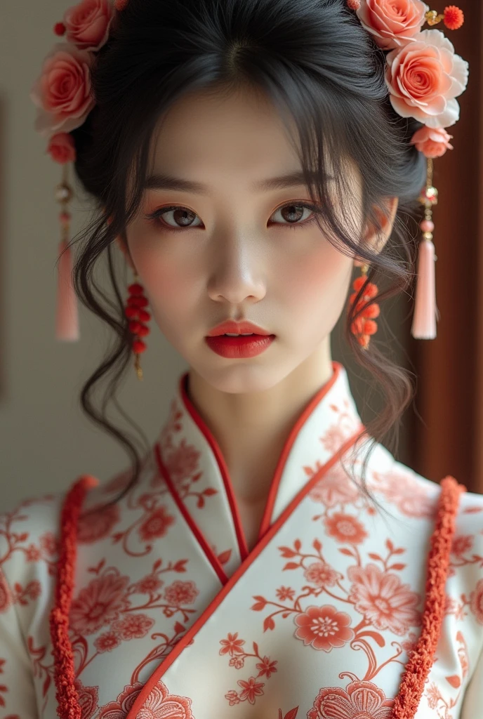 8K, high resolution, detailed full upper body portrait photography, gorgeous Asian female, fashion inspired by white red porcelain pattern, taken with a 60mm lens, ISO 300, f/4, 1/200th