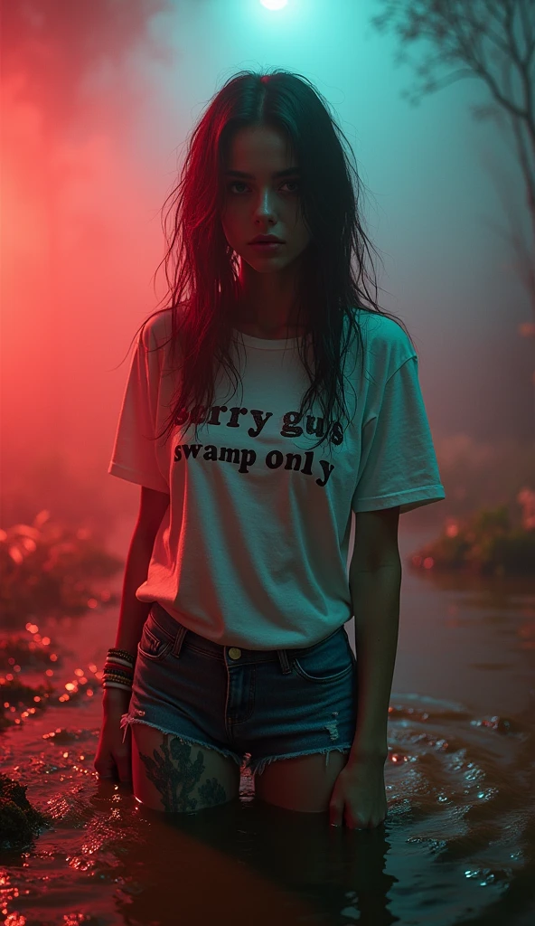 girl in (ethnic pattern black shiny rubber stockings:1.2) and denim cut-offs and washed t-shirt with "sorry guys, swamp only" label, stuck in bog, red fog, blue green fog, red lips, stockings