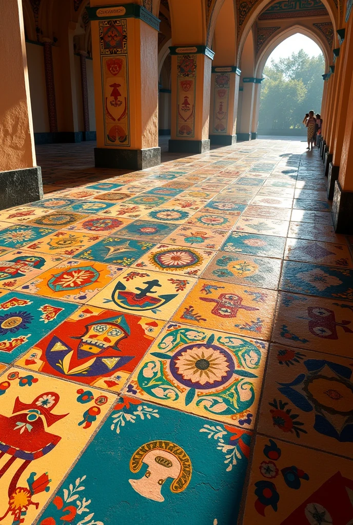 I need an illustration of a colorful ceramic floor with pre-Columbian illustrations