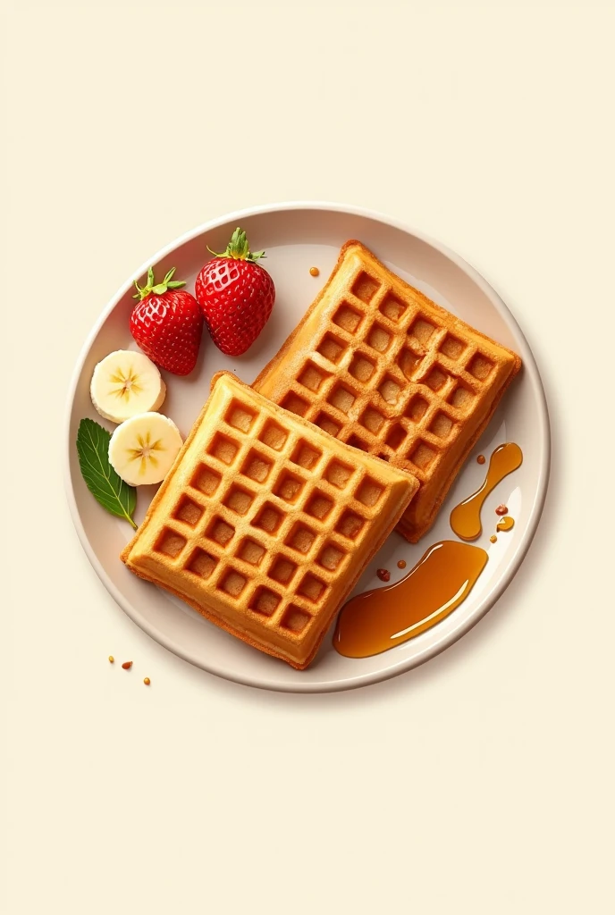 Logo for two square waffles cut into 4 parts each inside a circular tray, put them with maple syrup, a strawberry cut into slices and six slices of banana
