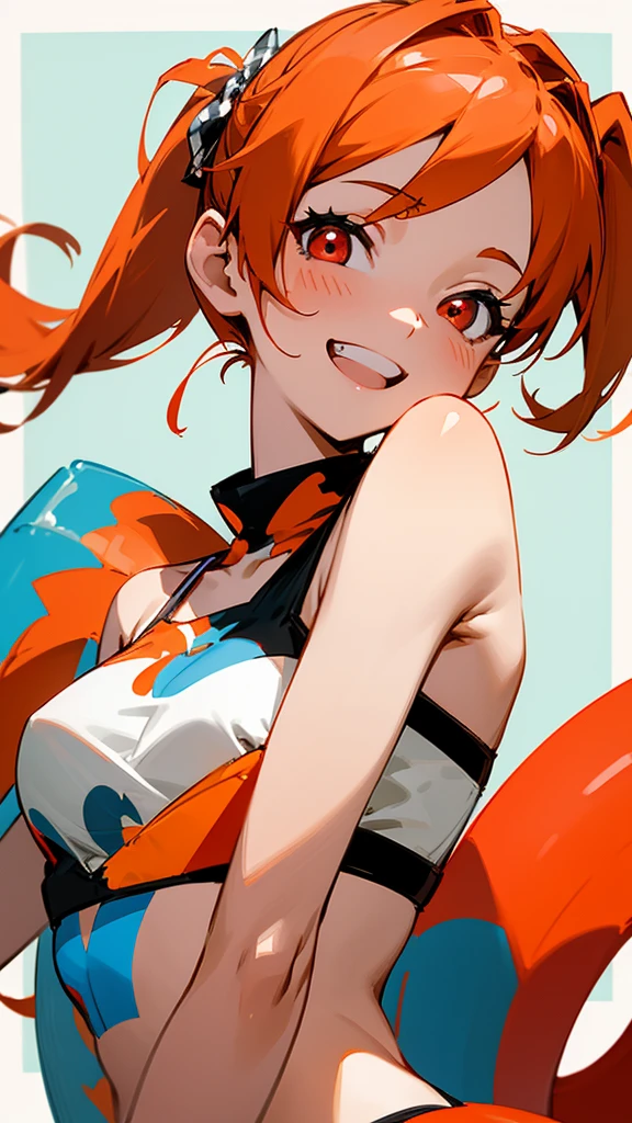 Anime style painting、1 girl、From behind、Orange Hair、ponytail、Round red eyes、short hair、camisole、Loincloth、smile