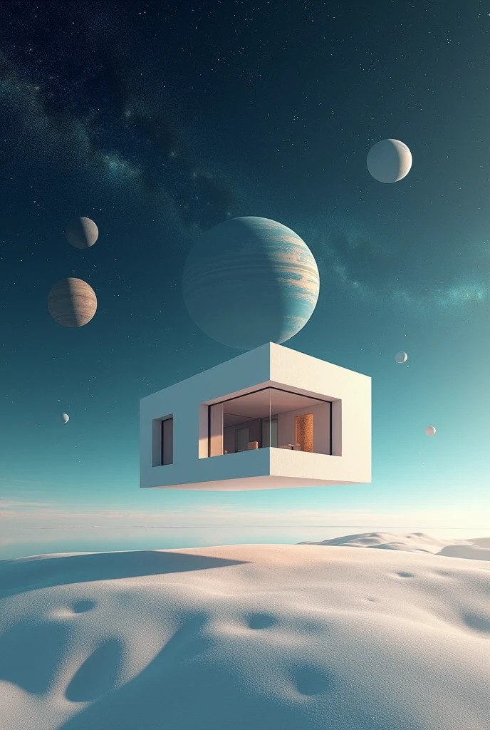 A house in space floating on another perfect cosmic planet, now with more background planets Simpler house