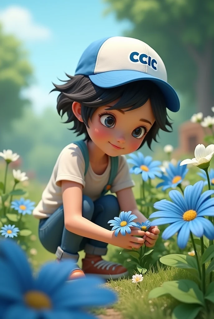 You can make an animation, like a teenager who has the CCIC logo with a CCIC cap but the cap has blue letters and the colors blue, green and white so that he looks careful in the gardens, that he comes out crouching carefully several flowers to place in an advertising art, 
