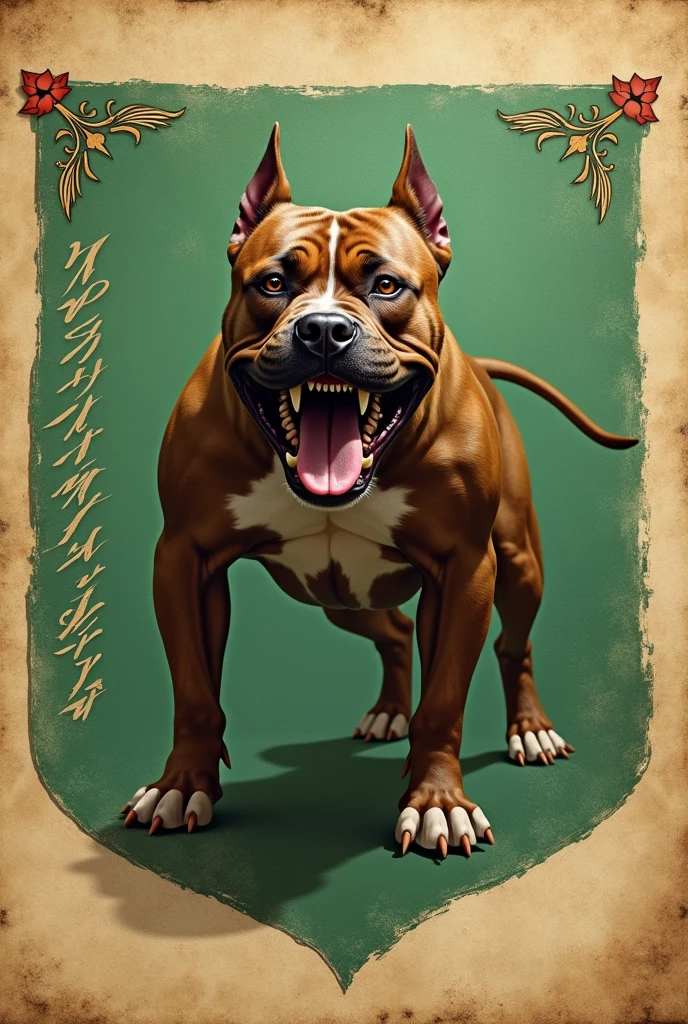 Angry Pitbull dog showing his arm , on a green coat of arms, parchment written by Valinhos
