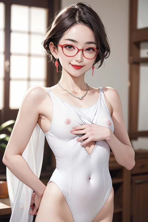 Beautiful and mature 55 year old Japanese woman, Married women, Fine Lines, Long eyelashes, Shining Eyes, Short Bob, (ribbon), (Bright red lipstick), Wearing glasses, elegant, Slim figure, Pink Cheeks, Pearl Necklace, Earrings, Cute Smile, ((White leotard)), Nipples are visible, Small breasts, Small breasts, Flat Chest, (Armpit), Browsing Caution, (Highest quality,4K,8k,High resolution,masterpiece:1.2),