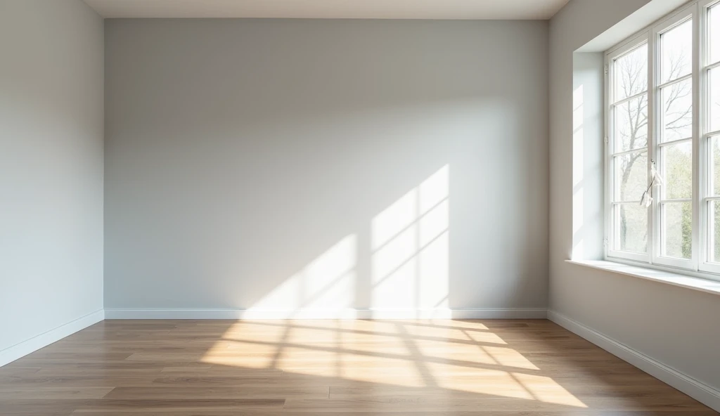 a room with light gray walls, a wooden floor with no sunlight and no windows