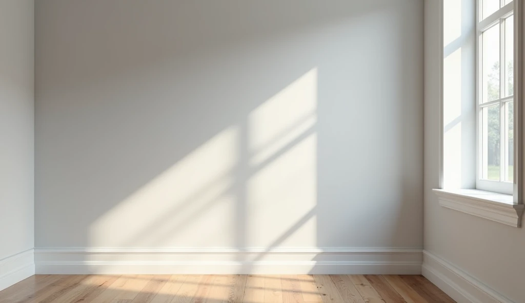 a room with light gray walls, a wooden floor with no sunlight and no windows