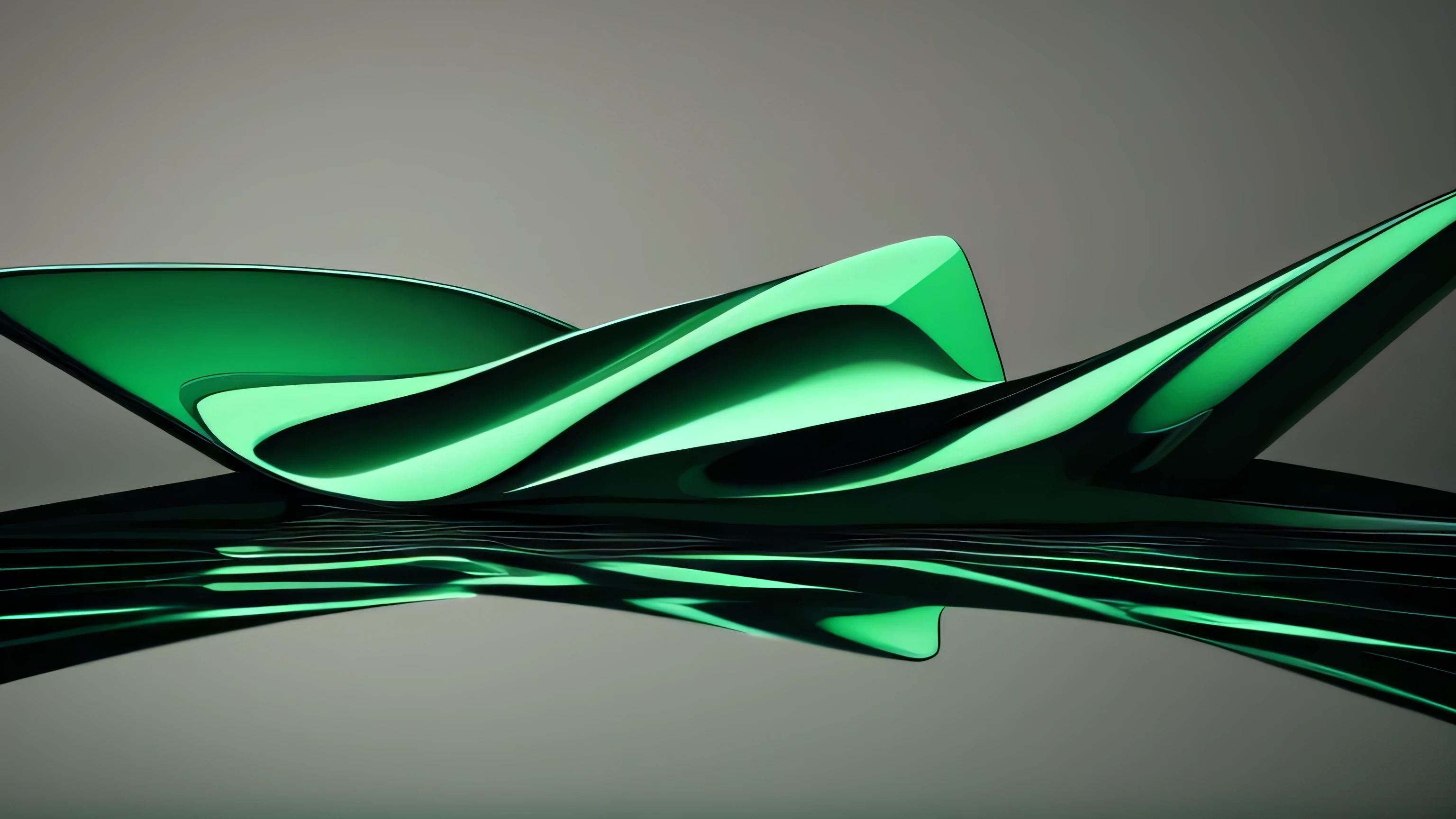 Abstract dark green shape, dark background design, reflection, 3d render