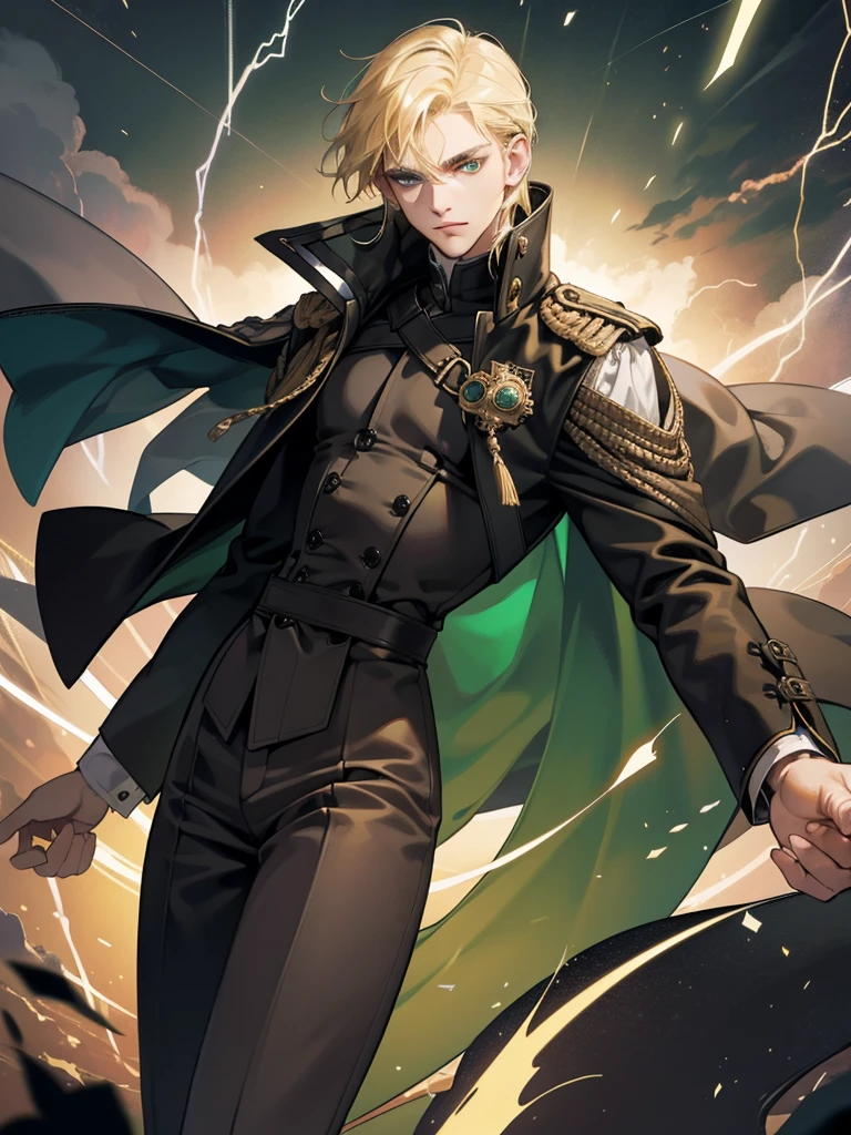 (Absurd, High Resolution), 16k, (Panorama), 18-year-old, 1man, serious, dark green eyes, Open Hands, Short right swept dandy blonde Hair, blonde Hair, Black Coat, White Underwear, Extreme Detail, Lightning, Magic, Magic Array, Exaggerated Light, Shine, Magic, Floating, Dusk, handsome