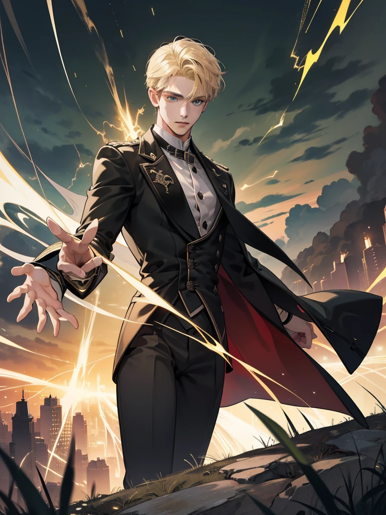 (Absurd, High Resolution), 16k, (Panorama), 18-year-old, 1man, serious, dark green eyes, Open Hands, Short right swept dandy blonde Hair, blonde Hair, Black Coat, White Underwear, Extreme Detail, Lightning, Magic, Magic Array, Exaggerated Light, Shine, Magic, Floating, Dusk, handsome
