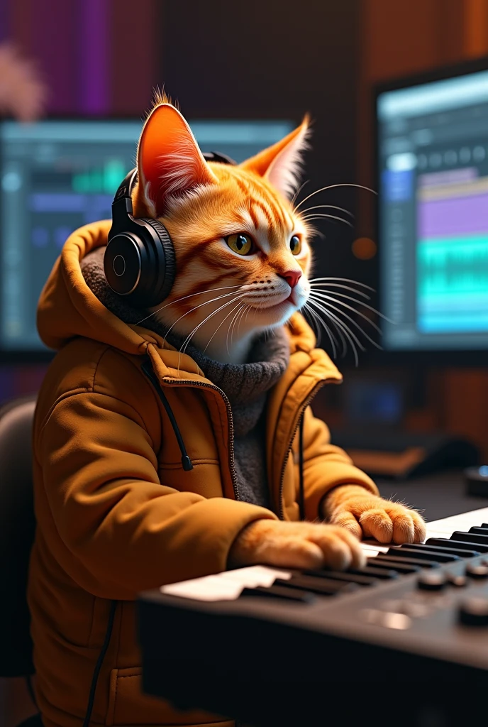 Humanoid orange cat playing a song in front of a professional akai 88 mpc midi keyboard ,put on headphones,He is wearing a warm jacket, This cat looks more like a person,It is being recorded with a microphone ..He is sitting in front of a screen where you can see that he is using Pro Tools as his favorite DAW.,He is an expert in producing music and playing the piano.... is a professional music producer 